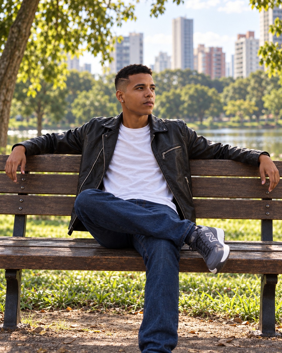 Kayky d’Lucca sentado em um banco no parque